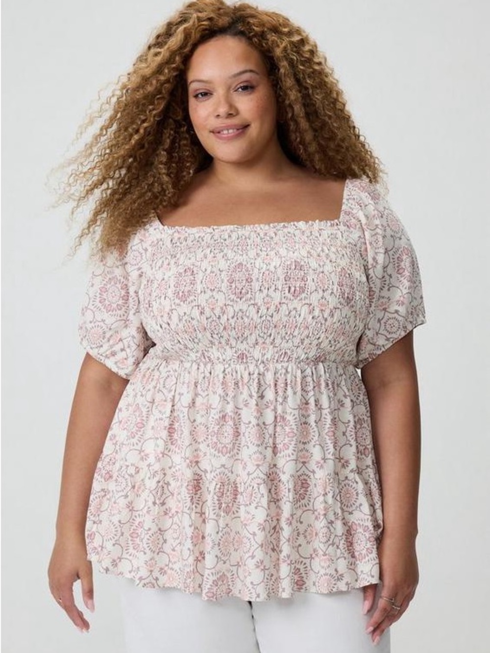 Torrid Blush Floral Smocked Square-Neck Tunic